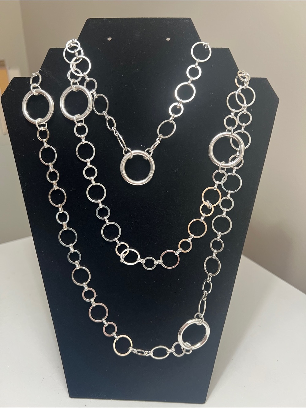 Silver Multi-Circle Link Long Layered Necklace -  Estate Vintage